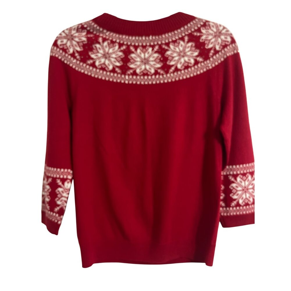 TALBOTS Sweater Beaded Snowflakes Red Lamb's Wool Blend Size Medium Petite - Picture 3 of 12
